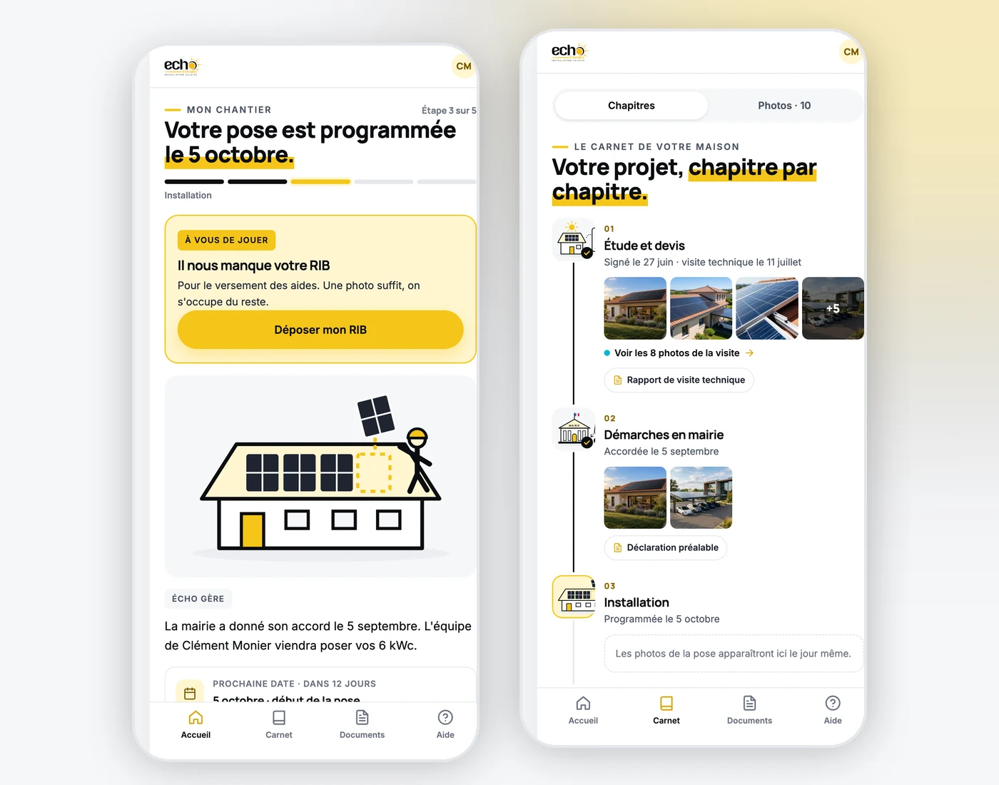Espace client ÉCHO énergies sur téléphone : suivi du chantier et carnet photo de la maison